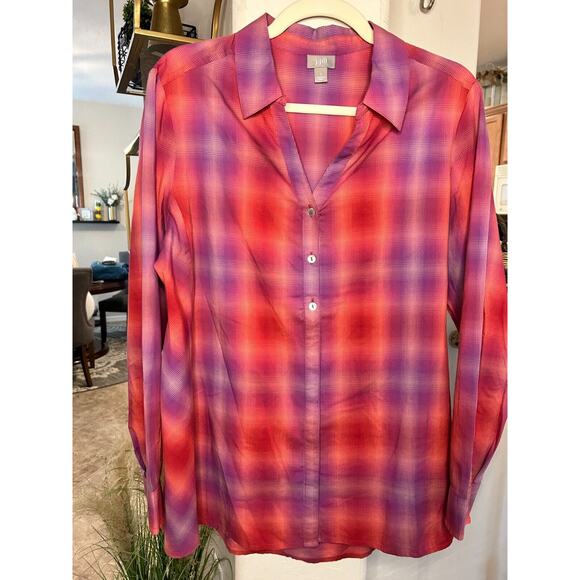 J.Jill Red/Purple Plaid Button Down Tunic Blouse Large 10-12 - Picture 2 of 3